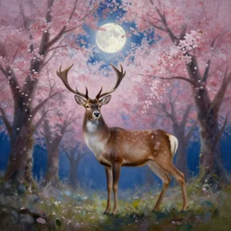 a beautiful painting of a stag in a cherry blossom forest, volumetric lighting, moonlit by greg rutkowski and kalin popov, trending on artstation, masterpiece,