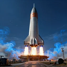 giant scifi space rocket, fired from launch platform in a blaue of smoke and blue fire, exhaust engine fireing, landscape, alex ross, eddie mendoza, raphael lacoste, george lucas, star wars, star citizen, horizon zero dawn, sebastian ludke, concept art, matte painting, highly detailed, rule of thirds, dynamic lighting, cinematic, realism, realistic, photo real, detailed, magnificiant landscape, denoised, centerd