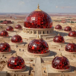 hyper detailed painting of domes made of the most brilliant red rubys in the universe, sprawling across majestic parched plains, by francisco goya and rembrandt, unsettling, mysterious, by stephan martiniere and alexander fedosav, hyperrealism, 8 k resolution, behance hd, artstation, nightcafe