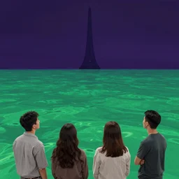 looking from space at green sea and dark purple illusion tower in the back, by wenjun lin, by artem chebokha, by alena aenami, by ian llanas, 4 k