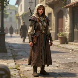 female poor beggar on the streets, ultra detailed fantasy, dndbeyond, bright, colourful, realistic, dnd character portrait, full body, pathfinder, pinterest, art by ralph horsley, dnd, rpg, lotr game design fanart by concept art, behance hd, artstation, deviantart, hdr render in unreal engine 5