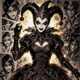 full body portrait of villainous jester, dark, twisted, manga, comic, by junji ito. twisted. horror.