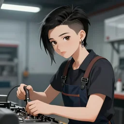 an androgynous punk girl with short hair who is a mechanic wearing overalls, digital illustration, digital concept art, digital painting, decorative background, trending on artstation