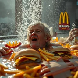 roger waters bathing in mcdonald's french fries and burgers, realistic, hdr, clear image, hdd, dynamic lighting,