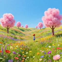 first person perspective digital illustration of a field of vibrant wildflowers and tufted cotton candy trees by beeple and dr. seuss:1|colorful rolling hills of beautiful flowers, wide angle panoramic by ILM and Roger Dean, viewed from eye level:0.9|fantasy, cinematic:0.9|Unreal Engine, Octane, finalRender, devfiantArt, artstation, artstation HQ, behance, HD, 16k resolution:0.8