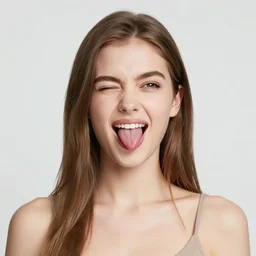 beautiful European girl, rolling eyes looking up, tongue sticking out