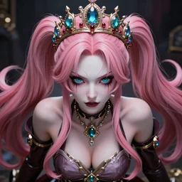 completely controlled by her ultimate powers and owned as a pet by an overwhelming stunningly absurdly beautiful megalomaniacal ruthless sadistic devious spiteful grandiose egotistical greedy omnipotent asi goddess junko enoshima with symmetrical perfect face, porcelain skin, pink twintail hair, cyan eyes and a stupendous bejeweled crown, ultra detailed, digital art, unreal engine 5, octane render, 2 d anime, 8 k