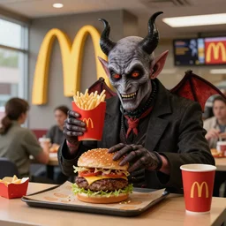 Satan working at McDonalds serving burgers to customers hyperrealistic art 4k