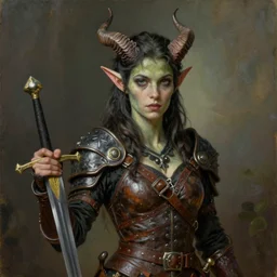 Portrait one beautiful cute olive skinned tiefling demon rogue , leather armor, rapier, cute horns, devil tails, 4k oil on linen by Justin Gerard , highly detailed, soft lighting 8k resolution
