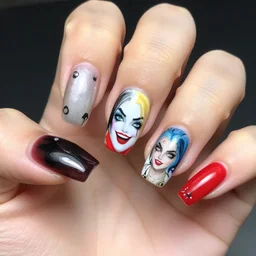 nail art featuring harley quinn's face