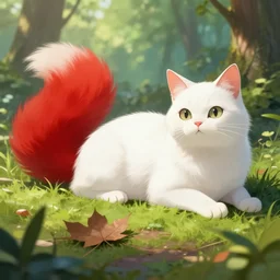 white cat with fluffy red tail like fox tail lying at sunny forest, high detailed, unreal engine 5, anime illustration, fantasy, ray tracing