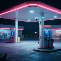 surveillance camera still of an empty gas station, liminal space, postcyberpunk, neon, volumetric lighting, rtx, realistic, octane render, 1 6 k