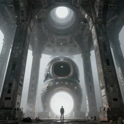 the depths of a matrioshka world, large pillars holding up an artificial ceiling, photorealistic imax quality, artstation front page, high brutalist architecture, misty environment, ominous white diffuse orbs of light, alan bean influences