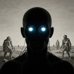 inhuman, silhouette, plastic, glowing eyes, flat background, masterpiece, glowing, wires everywhere, by edgar maxence and ross tran, zdzisław beksinski, and michael whelan, distant, gustav dore, h. r. giger, 8 k, octane render