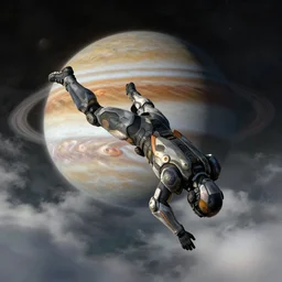 nanosuit from crysis 4 falling through the clouds of jupiter, by cedric peyravernay, highly detailed, excellent composition, cinematic concept art, dramatic lighting, trending on artstation