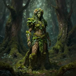 moss - covered wood spirit with flower for hair, skin of leaves, and bark armor standing in a sacred grove. d & d fantasy art, digital painting, magical forest, 8 k resolution, dramatic lighting, full - length portrait, extremely detailed, 8 k resolution, eerie.