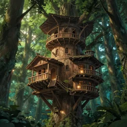 beautiful mutlilevel wooden tower in an ancient forrest, tree house city, ropes, dynamic lighting, cinematic, establishing shot, extremly high detail, foto realistic, cinematic lighting, post processed, concept art, artstation, matte painting, style by ghibli, myazaki