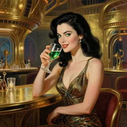 beautiful woman with black hair and green eyes, smirking. she is wearing a cocktail dress and drinking absinthe. she is in the bar of the atlantis paradise, a retro futuristic spaceship made of brass, art deco influence, hotel style design. painting by artgerm and greg rutkowski.