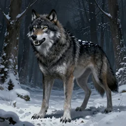 full figure beautiful young fit antrophomorphic male wolf, bared teeth and long claws, dark scene, by greg rutkowski and alphonse mucha, d & d character, gradient black to silver, in a snow covered forest at night, highly detailed portrait, digital painting, artstation, concept art, smooth, sharp focus illustration, artstation hq