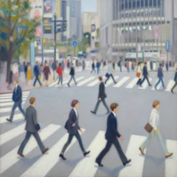 the masses cross shibuya crossing, oil on canvas, vibrant pastel, muted visual composition