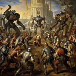 a fantasy painting in renaissance!! style of a grand battle of robots cinematic, beautiful lighting, artstation cinematic, highly detailed, by michelangelo