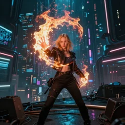 a girl like (yoona, Elle Fanning), casting fire spell, background cyberpunk city, full shot, photo, volumetric lighting, epic composition, intricate details, dark neon punk, by KDA