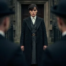 cinematic still of Emma Warson in Peaky Blinders (2013), XF IQ4, f/1.4, ISO 200, 1/160s, 8K, RAW, dramatic lighting, symmetrical balance, in-frame