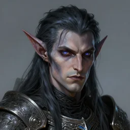 head and shoulders portrait of an eldrich knight, drow, dark elf, shadar kai, armored, magical, male, high fantasy, d & d, by tyler jacobson, face details, extremely detailed, digital illustration