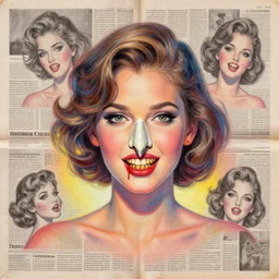 a handmade collage painting with newspapers of a girl from 1 9 8 0 s with bleeding nose, sharp objects, golden teeth, high detailed, retro style painting, retro pastel colored palette, grain and texture, dancing heads, illustration, oil pastel drawing, symetrical, in the middle, looking to camera, high shoulders, gradient lighting at the back, sharp teeth, red paint stains, extremely elegant drawing, looking straight, lens correction, sharp focus, 8 k