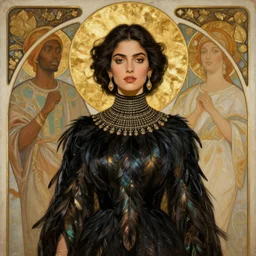 portrait painting of a stunning proud indian empress, artstation, mymodernmet, by amir ershadi, by ben enwonwu, by alphonse mucha, by soey milk, gold foil aureola, black dress of iridescent feathers, high neck collar, divine, saint, mixed media