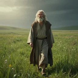 old prophet wandering about a meadow, volumetric lighting