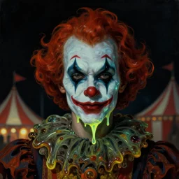 baroque neoclassicist close - up portrait of a retrofuturistic blacklight dark alien clown dripping in glowing toxic slime. dark black background, glowing circus atmosphere. highly detailed science fiction painting by norman rockwell, frank frazetta, and syd mead. rich colors, high contrast, gloomy atmosphere. trending on artstation and behance.