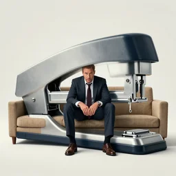 rob schneider movie poster, rob schneider is inside a giant stapler sitting on a long couch