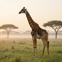 beautiful photo of a giraffe in the bushveld in the early ours of the morning with morning fog and dew on the grass. sunrise. nature. photography. national geographic. detailed face and fur, ultra hd, sharp. volumetric lighting, hasselblad. nikon z 9. 1 0 0 mm. f / 2. 5