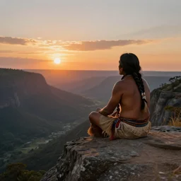 an indigenous man sitting at the top of a cliff, looking down at the valley, doing a vision quest, beautiful sunset, art by artgerm
