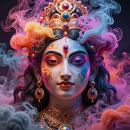 a beautiful hindu goddess engulfed in colorful liquid smoke and neon clouds, a colorful psychedelic experience, dmt, lsd, face, highly detailed, artstation, concept art, matte, sharp focus, illustration, digital art by hana yata, and artem demura and beeple, octane render, unreal engine, 8 k