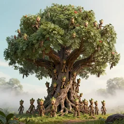 photorealistic wide shot of a giant tree made with thousands of Groot, octane render, unreal engine 4k, volumetric light, fog, detailed
