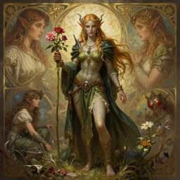 Attractive Tiefling Druid,full body, holding flowers, dungeons and dragons portrait, highly detailed, digital painting, artstation, concept art, sharp focus, illustration, art by artgerm and greg rutkowski and alphonse mucha