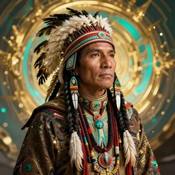 pfp portrait gunslingers cyberpunk native american in tribal regalia, an idea seep's into infinity highly detailed in volumetric latent space, golden turquoise, cinematic light, sharp focus, divine realm of gods, octane render,