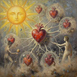 dust evolving into complex neural networks. characters, hearts, sun, stunning, award - winning masterpiece by marc simonetti and jeffrey smith, oil on canvas, by moebius and basquiat