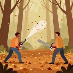 men with leaf blowers fighting the falling leaves in a forest