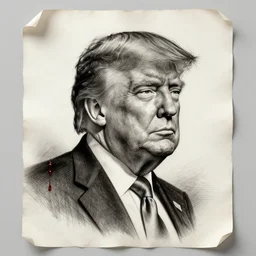 intricate drawings of Donald Trump in charcoal and blood on a parchment made from thin leather. the parchment is 2000 years old. by Agnes Cecil. .