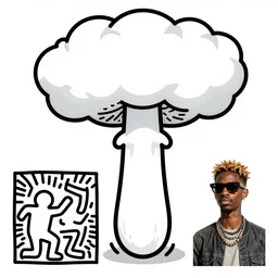 a mushroom cloud in the styles of keith haring and jean - michel basquiat
