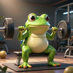 massive buff frog using a bench press, 3d render