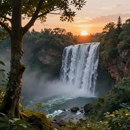 featured on artstation tree overlooking valley waterfall sunset beautiful image stylized digital art