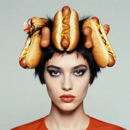 a detailed studio closeup portrait of a fashion model with hot dogs in her hair. surreal photograph, lo - fi, polished look, silly and serious, hermes ad, fashion photography, toiletpaper magazine by pierpaolo ferrari and maurizio cattelan, 3 5 mm photograph, colourful, david lachapelle, canon eos c 3 0 0, f 4. 6, 8 k, medium - format print