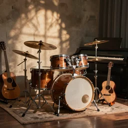 a drum set piano guitar