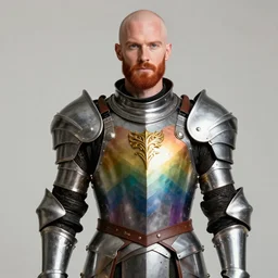 handsome balded ginger man, rainbow knight armor, 8 k photography