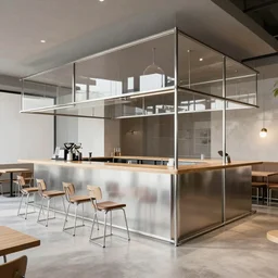 furniture rendering of cafe bar, modern, steel and glass, mies van der rohe, very detailed