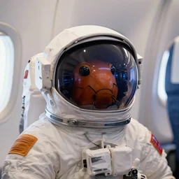 an ant wearing an astronaut helmet on an airplane